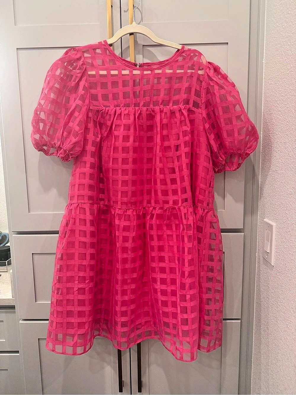 English Factory Gridded Puff Sleeve Dress Mini Dress Pink Large